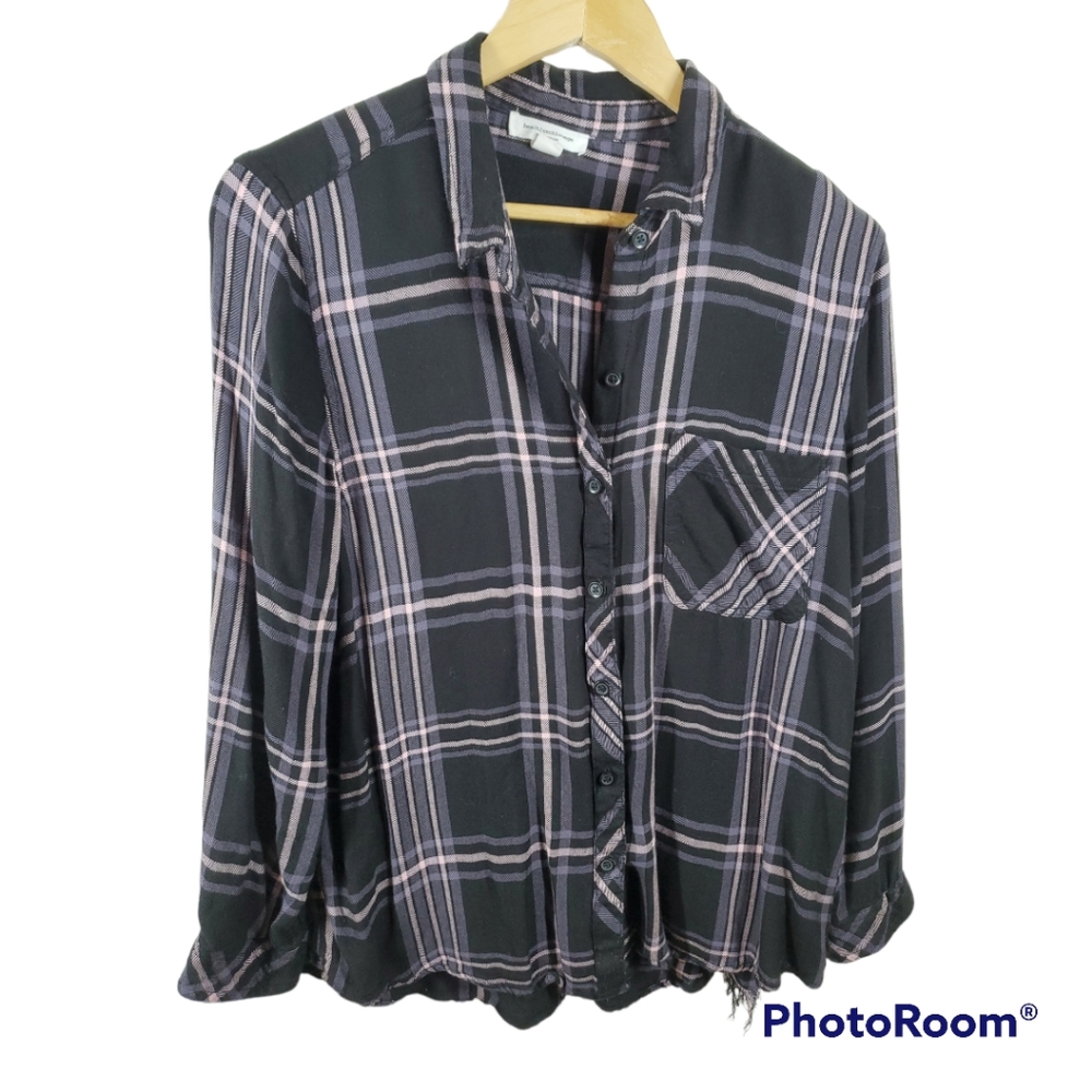 BeachLunchLounge Flannel Button-Down Long Sleeve Black and White Plaid XL